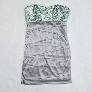 Juniors Silver Gray Strapless Mini Prom Dress Green Sequin Bodycon L 11/13 FLAWS